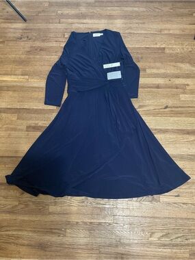 Eliza J Navy Blue Faux Wrap Maxi Dress Size 14 NWT 3/4 Sleeve Ruched Waist Forma